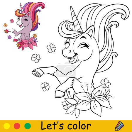 Ilustración de Caricatura lindo personaje bastante unicornio con flores. Página de libro para colorear con plantilla colorida para niños. Ilustración vectorial aislada. Para colorear libro, imprimir, juego, partido, diseño - Imagen libre de derechos
