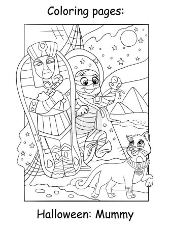 Illustration for Cute pharaoh mummy and Egyptian cat. Halloween concept. Coloring book page for children. Vector cartoon illustration. For print, decor, education and game - Royalty Free Image