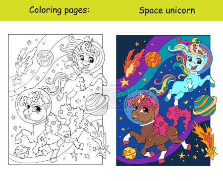 Ilustración de Lindos unicornios en el espacio. Niños colorear página del libro con plantilla de colores. Ilustración vectorial de dibujos animados aislada sobre fondo blanco. Para colorear, educación, imprimir, juego, decoración, rompecabezas, diseño - Imagen libre de derechos