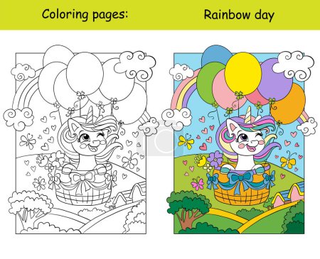 Lindo unicornio volando en globos aéreos. Niños colorear página del libro con plantilla de color. Ilustración vectorial de dibujos animados aislada sobre fondo blanco. Para colorear, educación, imprimir, juego, decoración, rompecabezas, diseño