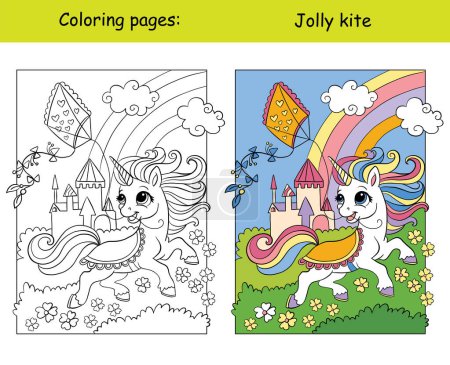 Nettes Sommer-Einhorn mit Drachen. Kids Färbung mit Farbvorlage. Vector Cartoon Illustration isoliert auf weißem Hintergrund. Für Bildung, Print, Spiel, Dekor, Puzzle, Design