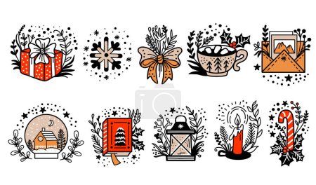 Illustration for Set of different christmas line art doodle icons. Colorful isolated vector illustration, white background. For greeting cards, print, design, posters and banners, stickers, fabric, porcelain and decor - Royalty Free Image
