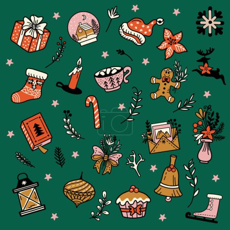 Illustration for Set of different christmas line art doodle icons. Colorful isolated vector illustration, green background. For greeting cards, print, design, posters and banners, stickers, fabric, porcelain and decor - Royalty Free Image