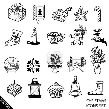 Illustration for Set of black and white christmas line art doodle icons. Isolated vector illustration, white background. Christmas mood. For greeting cards, print, design, fabric, porcelain and decor - Royalty Free Image