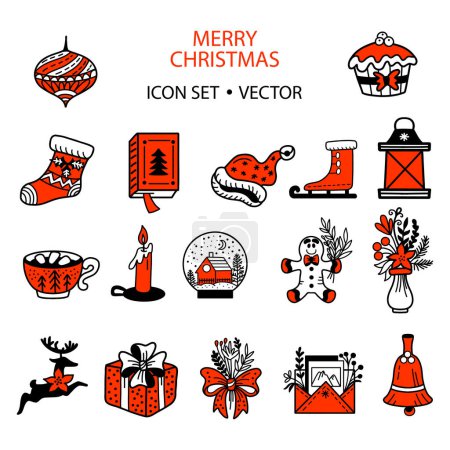 Illustration for Set of black, red and white christmas line art doodle icons. Isolated vector illustration, white background. Christmas, New Year concept. For greeting cards, print, design, fabric, porcelain and decor - Royalty Free Image