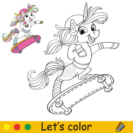 Illustration for Cute happy unicorn on a skateboard. Kids coloring book page with color template. Vector cartoon illustration. Educational work page. For coloring, cards, print, design, decor, tattoo,game and puzzle - Royalty Free Image