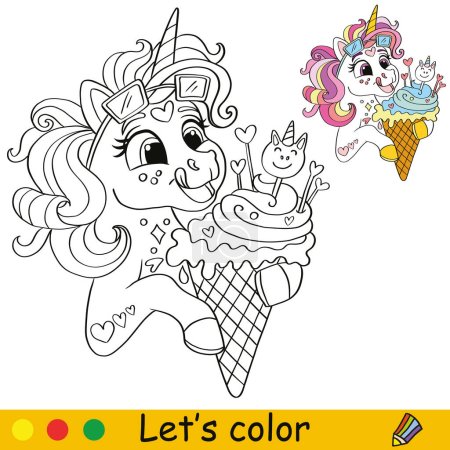 Illustration for Cute happy unicorn with ice cream. Kids coloring book page with color template. Vector cartoon illustration. Educational work page. For coloring, cards, print, design, decor, tattoo,game and puzzle - Royalty Free Image