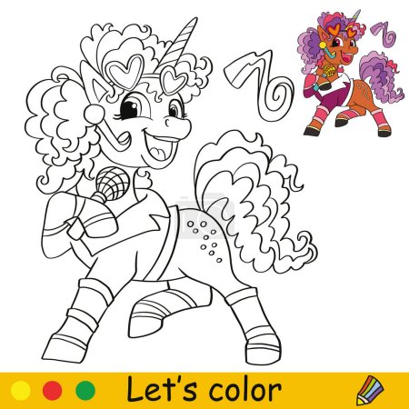 Cute happy unicorn singer. Kids coloring book page with color template. Vector cartoon illustration. Educational work page. For coloring, cards, print, design, decor, tattoo,game and puzzle