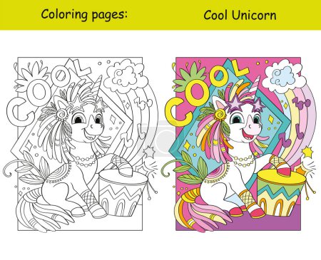 Ilustración de El hippie unicornio toca el tambor con letras frescas. Ilustración vectorial de dibujos animados. Niños colorear página del libro con plantilla de color. Para colorear, educación, imprimir, juego, decoración, rompecabezas, diseño - Imagen libre de derechos