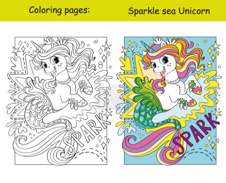 Ilustración de Lindo unicornio hermoso mar unicornio con letras chispa ilustración vector de dibujos animados. Niños colorear página del libro con plantilla de color. Para colorear, educación, imprimir, juego, decoración, rompecabezas, diseño - Imagen libre de derechos