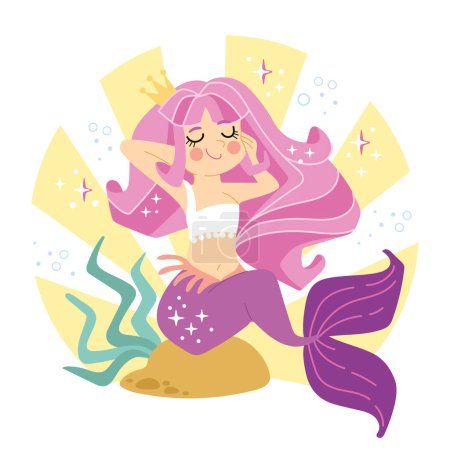 Cute cartoon confident mermaid with long pink hair. Vector cartoon illustration in flat style isolated on a white background. For print, design, poster, sticker, card, decoration and t shirt design