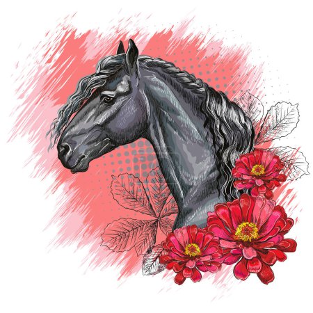Illustration for Portrait of a black horse, zinnia flowers and leaves. Hand drawn style print. Vector illustration isolated on white background. For t-shirt composition, print, design, sticker, sublimation, and decor - Royalty Free Image