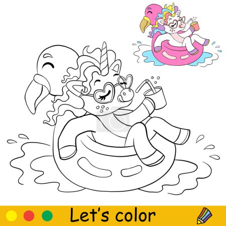 Illustration for Cute unicorn with a cocktail in an inflatable flamingo circle. Kids coloring with color template. Vector cartoon illustration. For kids coloring, postcard, print, design, decor, tattoo,game and puzzle - Royalty Free Image