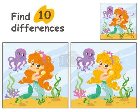 Lernspiel für Kinder. Finden Sie 10 Unterschiede mit Vorlage. Niedliche Karikatur Meerjungfrau und Krake in Unterwasserwelt. Vektor-Illustration für Kinder-Arbeitsbücher, Druck, Dekoration und Design.