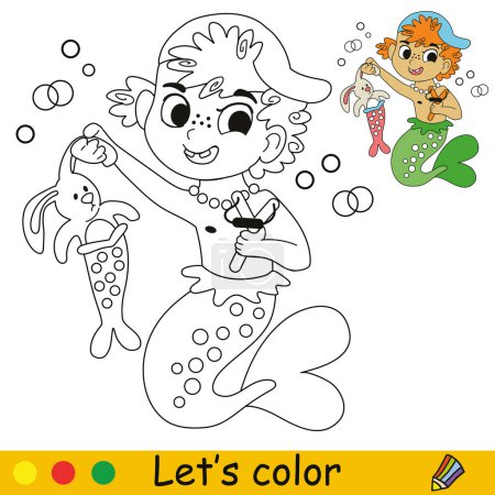 Illustration for Naughty boy mermaid with a toy. Vector cartoon illustration. Kids coloring page with a color sample. For print, design, poster, sticker, card, decoration and t shirt design - Royalty Free Image