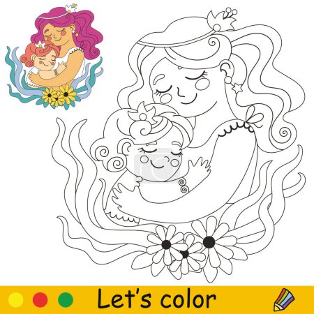 Illustration for Cute and happy mother and little daughter hugging. Vector cartoon illustration. Kids coloring page with a color sample. For print, design, poster, sticker, card, decoration and t shirt design - Royalty Free Image