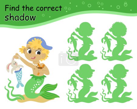 Illustration for Find the correct shadow game with naughty boy mermaid. Kids entertainment game. Cute cartoon mermaid. Shadow matching. Activity, logic game, learning card with task for kids, vector illustration - Royalty Free Image