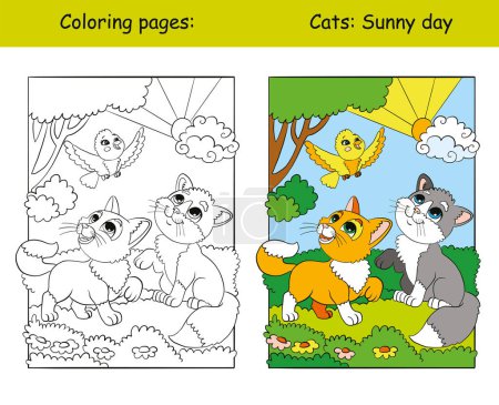 Kids coloring with a funny cute cats on the nature. Vector isolated illustration coloring book and color template. For coloring book, decorating, print, sticker, design, education, game and puzzle