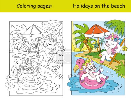 Téléchargez les illustrations : Deux jolies petites licornes au bord de la mer. Illustration vectorielle de dessin animé. Page de livre à colorier pour enfants avec modèle de couleur. Pour la coloration, l'éducation, l'impression, le jeu, le décor, le puzzle, la conception - en licence libre de droit