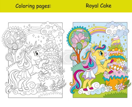 Téléchargez les illustrations : Jolie petite princesse licorne et énorme beau gâteau. Illustration vectorielle de dessin animé. Page de livre à colorier pour enfants avec modèle de couleur. Pour la coloration, l'éducation, l'impression, le jeu, le décor, le puzzle, la conception - en licence libre de droit