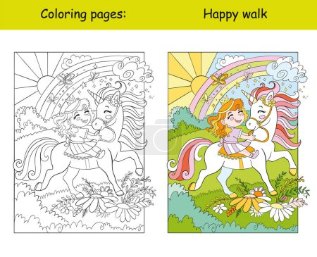 Cute little girl ride on a unicorn on a meadow. Cartoon vector illustration. Kids coloring book page with color template. For coloring, education, print, game, decor, puzzle, design