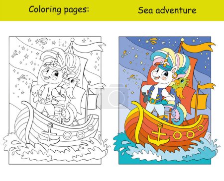 Lindo valiente unicornio marinero pirata viaja en su barco. Ilustración vectorial de dibujos animados. Niños colorear página del libro con plantilla de color. Para colorear, educación, imprimir, juego, decoración, rompecabezas, diseño