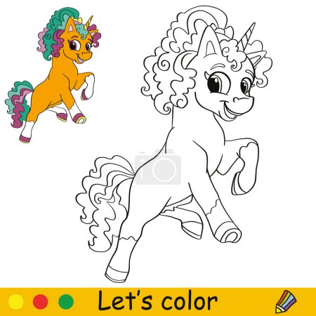 Illustration for Cute happy orange unicorn. Kids coloring book page with color template. Vector cartoon illustration. Educational work page. For coloring, cards, print, design, decor, tattoo,game and puzzle - Royalty Free Image