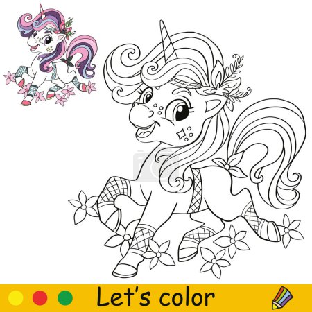 Illustration for Cute happy unicorn with flowers. Kids coloring book page with color template. Vector cartoon illustration. Educational work page. For coloring, cards, print, design, decor, tattoo,game and puzzle - Royalty Free Image
