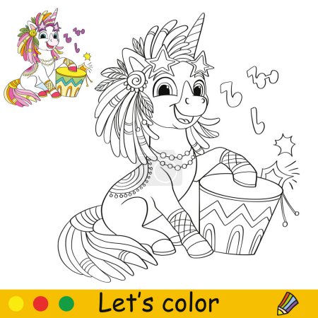 Illustration for Cute happy unicorn hippie with drum. Kids coloring book page with color template. Vector cartoon illustration. Educational work page. For coloring, cards, print, design, decor, tattoo,game and puzzle - Royalty Free Image