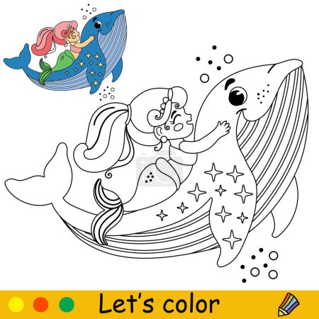 Téléchargez les illustrations : Petite sirène mignonne et heureuse et baleine. Illustration vectorielle en noir et blanc. Coloriage pour enfants avec un échantillon de couleur. Pour l'impression, la conception, l'affiche, l'autocollant, la carte, la décoration et la conception de t-shirt - en licence libre de droit