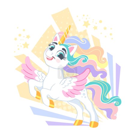 Cute cartoon brave and proud character unicorn. Vector illustration isolated on a white background. Happy magic unicorn. For print, design, poster, sticker, card, decoration, t shirt, kids clothes