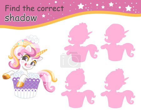 Illustration for Find the correct shadow. Cute cartoon sweet unicorn. Educational matching game for children with cartoon character. Activity, logic game, learning card with task for kids, vector illustration - Royalty Free Image