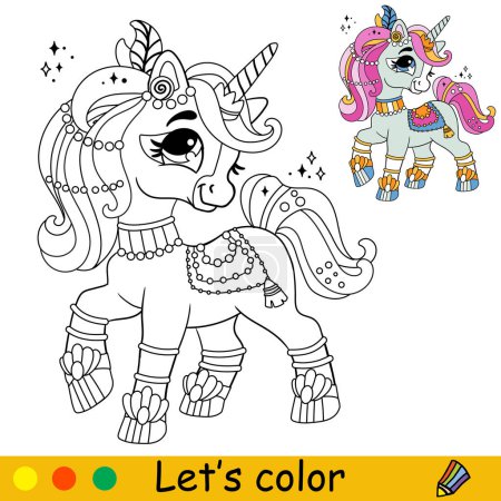 Illustration for Cartoon cute magic unicorn. Kids coloring book page. Unicorn character. Black contour on a white background. Vector isolated illustration with colorful template. For coloring, print, clothes, stickers - Royalty Free Image