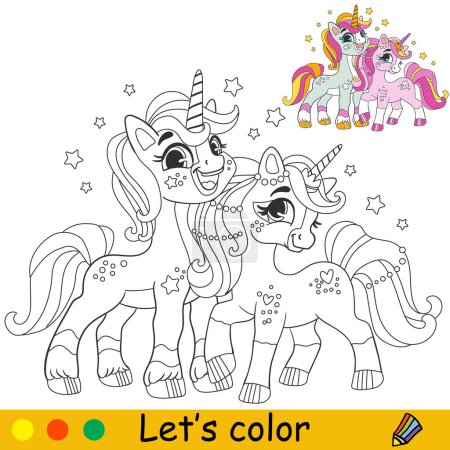 Cartoon cute two unicorn friends . Kids coloring book page. Unicorn character. Black contour, white background. Vector isolated illustration with color template. For coloring, print, design, stickers