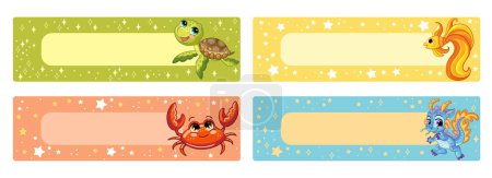 Set of horizontal planners with cartoon sea creatures. Kids schedule design template. Blank childish note stickers with turtle, goldfish, crab, sea dragon. Vector colorful illustration. Ready to print