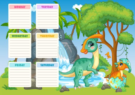 Dinosaurs stationery weekly planner and daily organizer for kids, Monday to Sunday schedule. Cute vector Parasaurolophus and baby. Colorful illustration. Time table organizer frame. Editable element