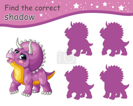 Ilustración de Encuentra la sombra correcta. Lindo dibujo animado púrpura triceratops dinosaurio. Juego educativo a juego para niños con personaje de dibujos animados. Actividad, juego de lógica, tarjeta de aprendizaje para niños, ilustración vectorial - Imagen libre de derechos