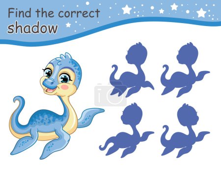 Find correct shadow. Cute cartoon baby plesiosaurus dinosaur. Educational matching game for children with cartoon character. Activity, logic game, learning card for kids, vector illustration