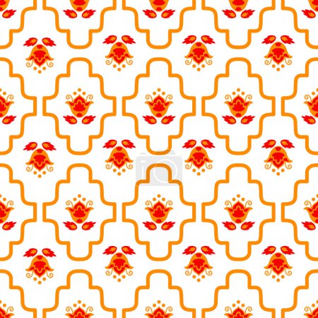 Patrón sin costura abstracto, fondo con flores decorativas y adorno de malla trenzada. Ilustración de vector de patrón de pañales en colores rojo, blanco. Fondo de vector de borde modular decorativo.