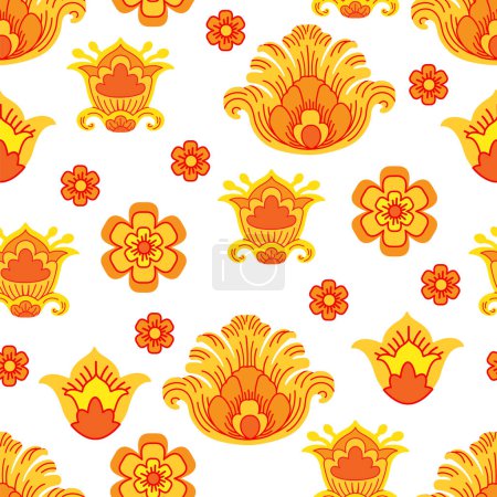Illustration for Floral seamless pattern in folk style. Colorful red and yellow flowers. Decorative background for prints, fabric, textile, wrapping. Traditional Russian motif. Zhostovo and Khokhloma painting style - Royalty Free Image