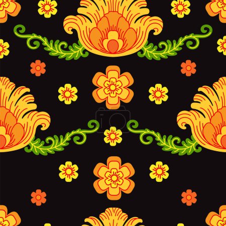Illustration for Floral seamless pattern. Colorful red and yellow flowers on a black background for print, fabric, textile, wrapping. Decorative traditional Russian motif. Zhostovo and Khokhloma painting folk style - Royalty Free Image