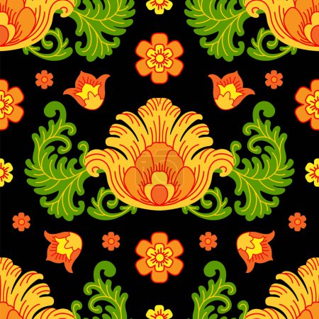 Illustration for Floral seamless pattern in folk style. Colorful red and yellow flowers. Decorative background for prints, fabric, textile, wrapping. Traditional Russian motif. Zhostovo and Khokhloma painting style - Royalty Free Image