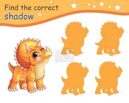Ilustración de Encuentra la sombra correcta. Lindo dibujo animado naranja triceratops dinosaurio. Juego educativo a juego para niños con personaje de dibujos animados. Actividad, juego de lógica, tarjeta de aprendizaje para niños, ilustración vectorial - Imagen libre de derechos