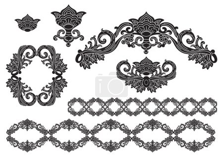 Illustration for Collection of ornate decorative shapes. Vector set of isolated abstract ornaments and elements. Silhouettes of flowers and leaves. For print, design, invitation, embroidery, cards, clothes and dishes - Royalty Free Image