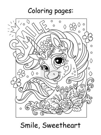 Téléchargez les illustrations : Mignon et belle tête de licorne avec des fleurs. Lettrage Sourire. Livre à colorier pour enfants. Illustration vectorielle de dessin animé isolée sur fond blanc. Pour l'éducation, l'impression, le jeu, le décor, le puzzle, le design - en licence libre de droit
