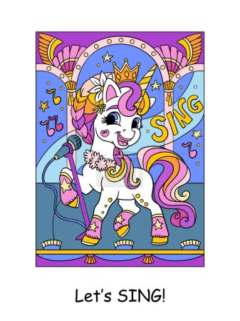 Cute happy unicorn pop star singer and lettering sing. Cartoon character color vector illustration. Unicorn poster and book cover. For card, print, design, stickers, decor, puzzle and game