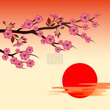 Téléchargez les photos : Branche de sakura en fleurs sur le soleil rouge. - en image libre de droit