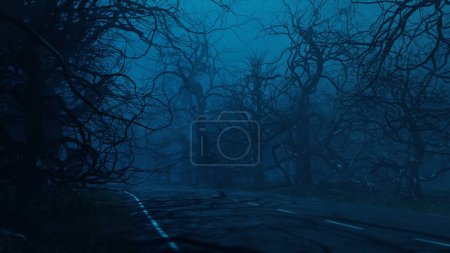 Scary trees at night near forest road. Mystical eerie forest landscape in fog, moonlight. 3d render