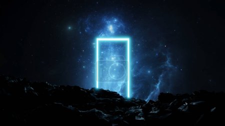 Cosmic glowing portal doorway among stones in space. Stars, planets, nebulae and galaxies on the background of a portal in space. 3d render
