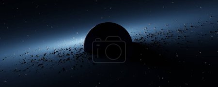 Téléchargez les photos : Panorama Planète Pandora entouré ceinture d'astéroïdes, anneaux épave de la planète détruite. Protoplanète bleue dans l'espace cosmique noir de l'univers. 3d rendu - en image libre de droit